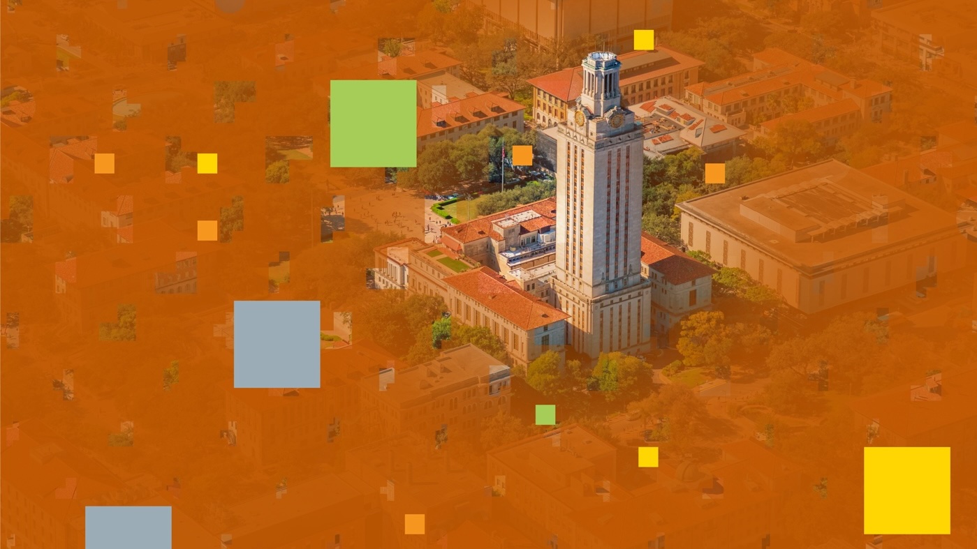 An aerial of view of The University of Texas at Austin campus and Tower are visible amid graphics representing pixels and branding in the Year of AI campaign