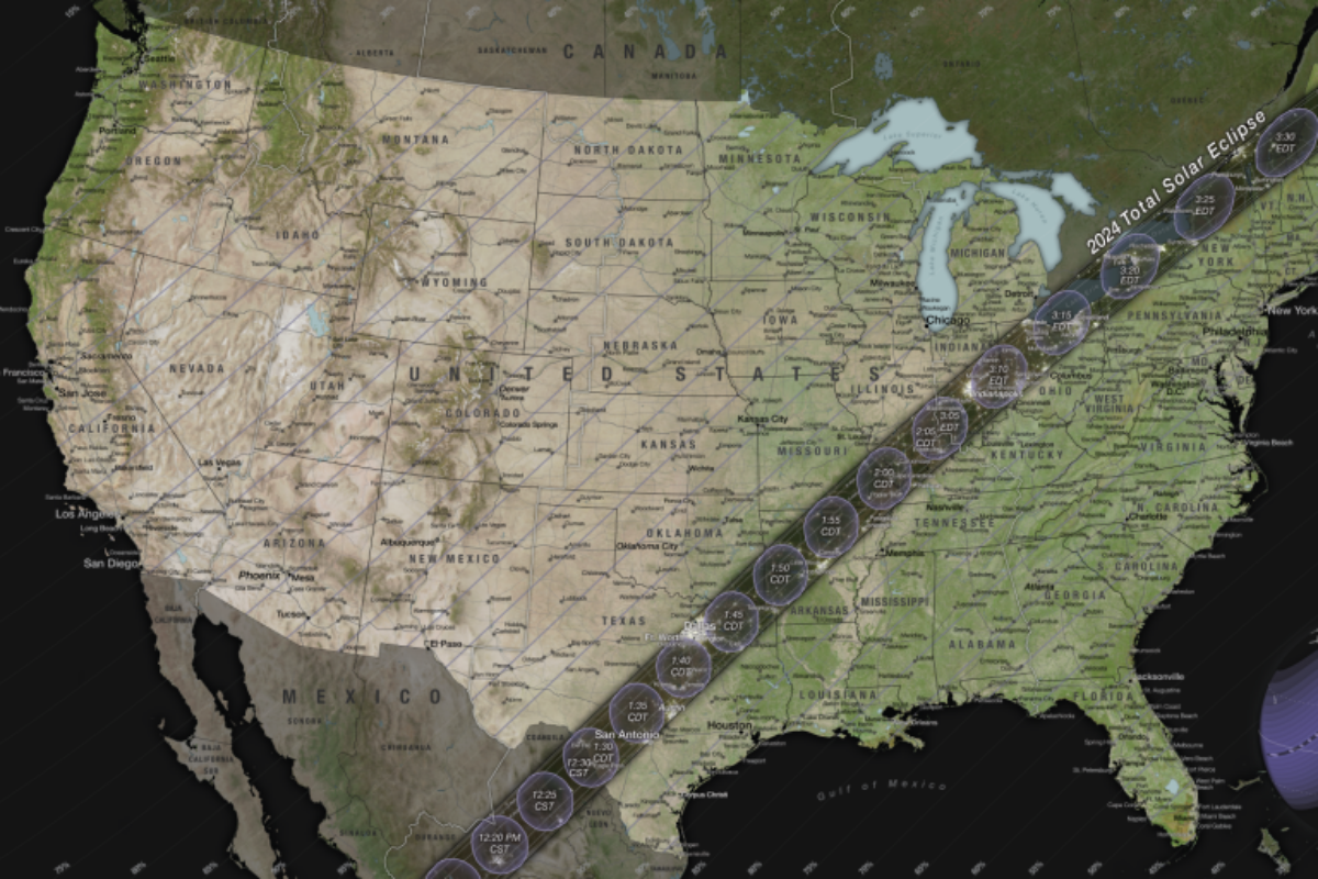 A map of th United States shows a dark band spanning from Mexico and Texas to Maine, representing the path of totality.