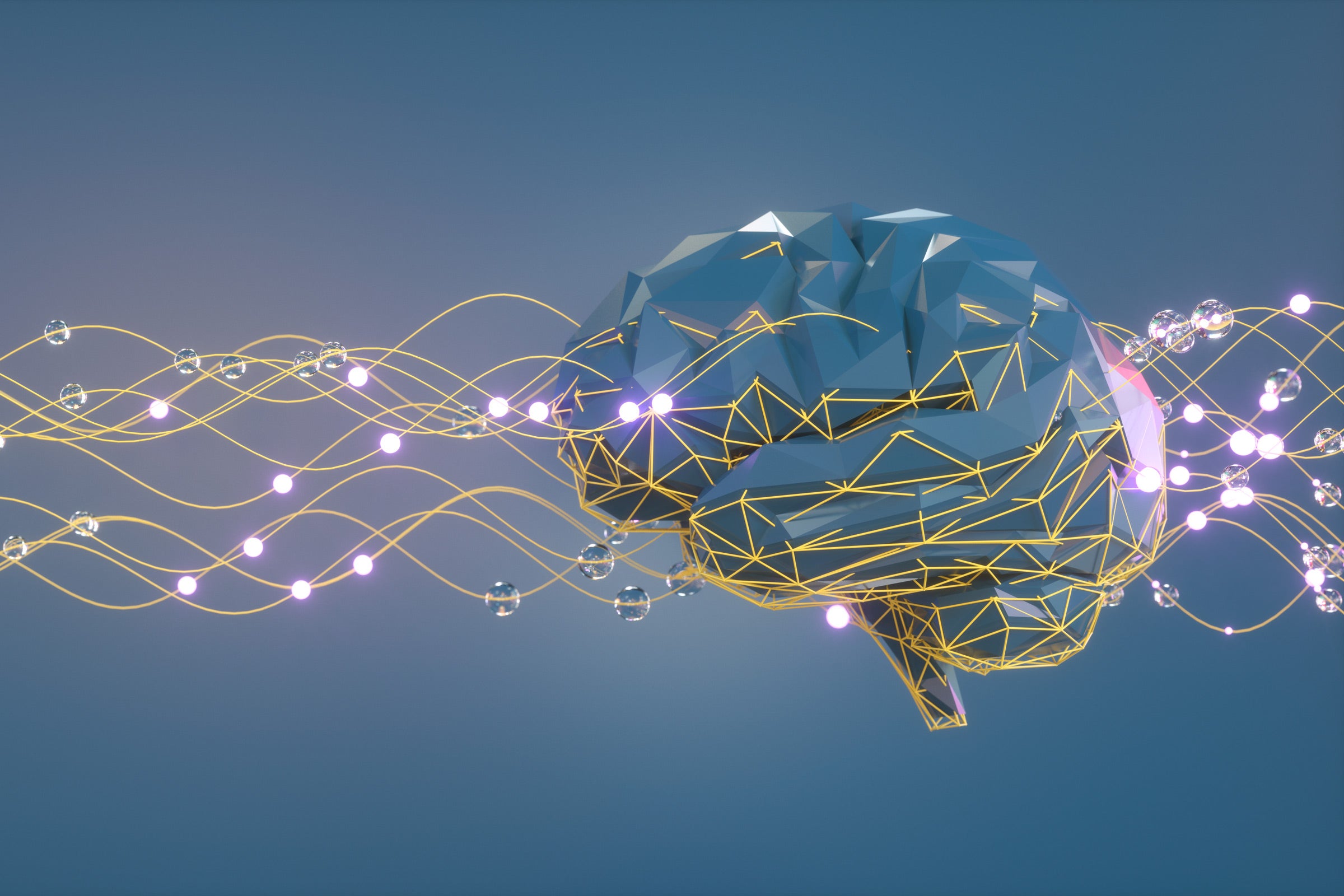 Illustration of a brain with waves of particles passing through it.