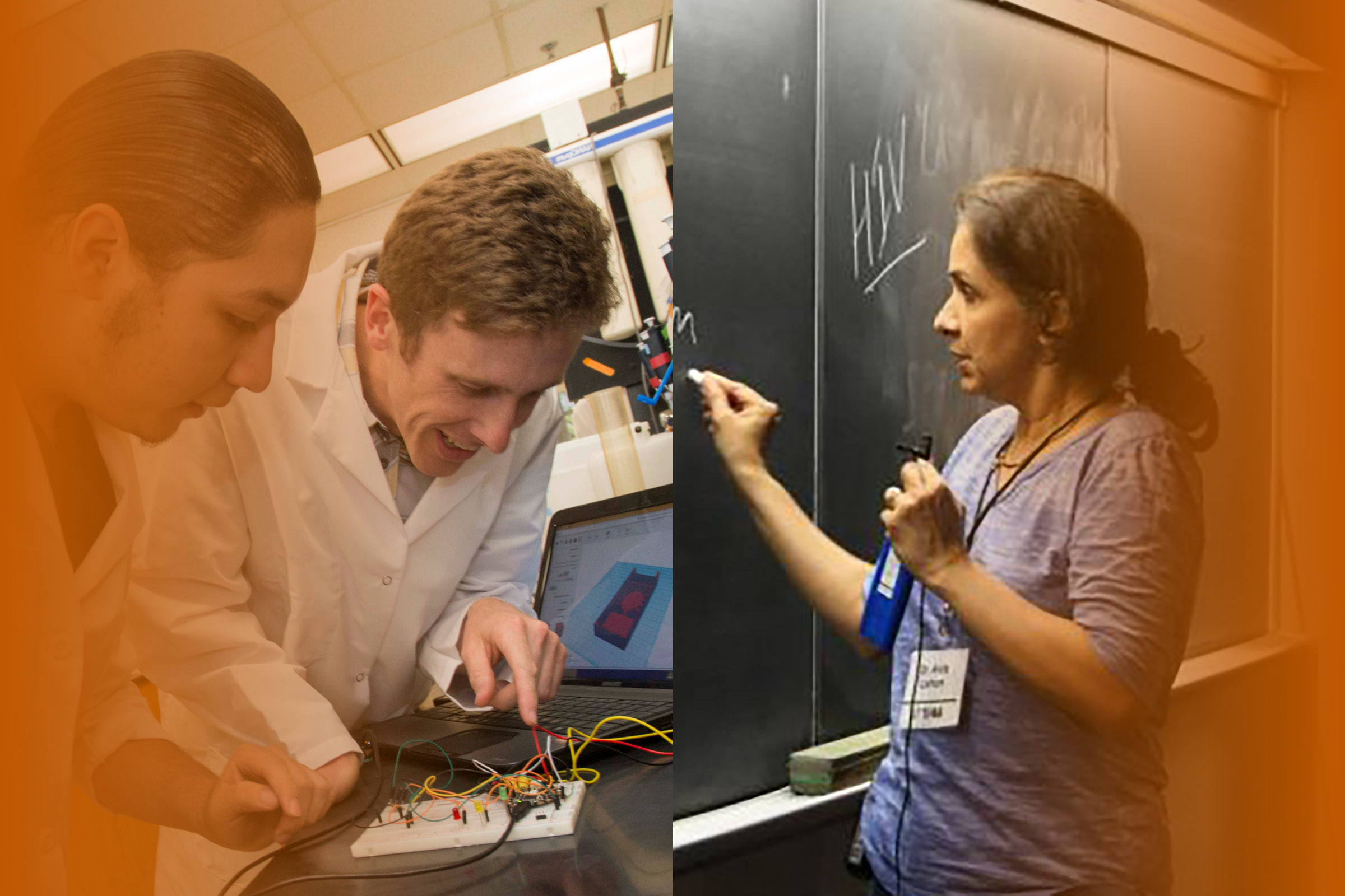 Tim Riedel (left) examines a wiring circuit with a student. Anita Latham (right) writes on a chalkboard.
