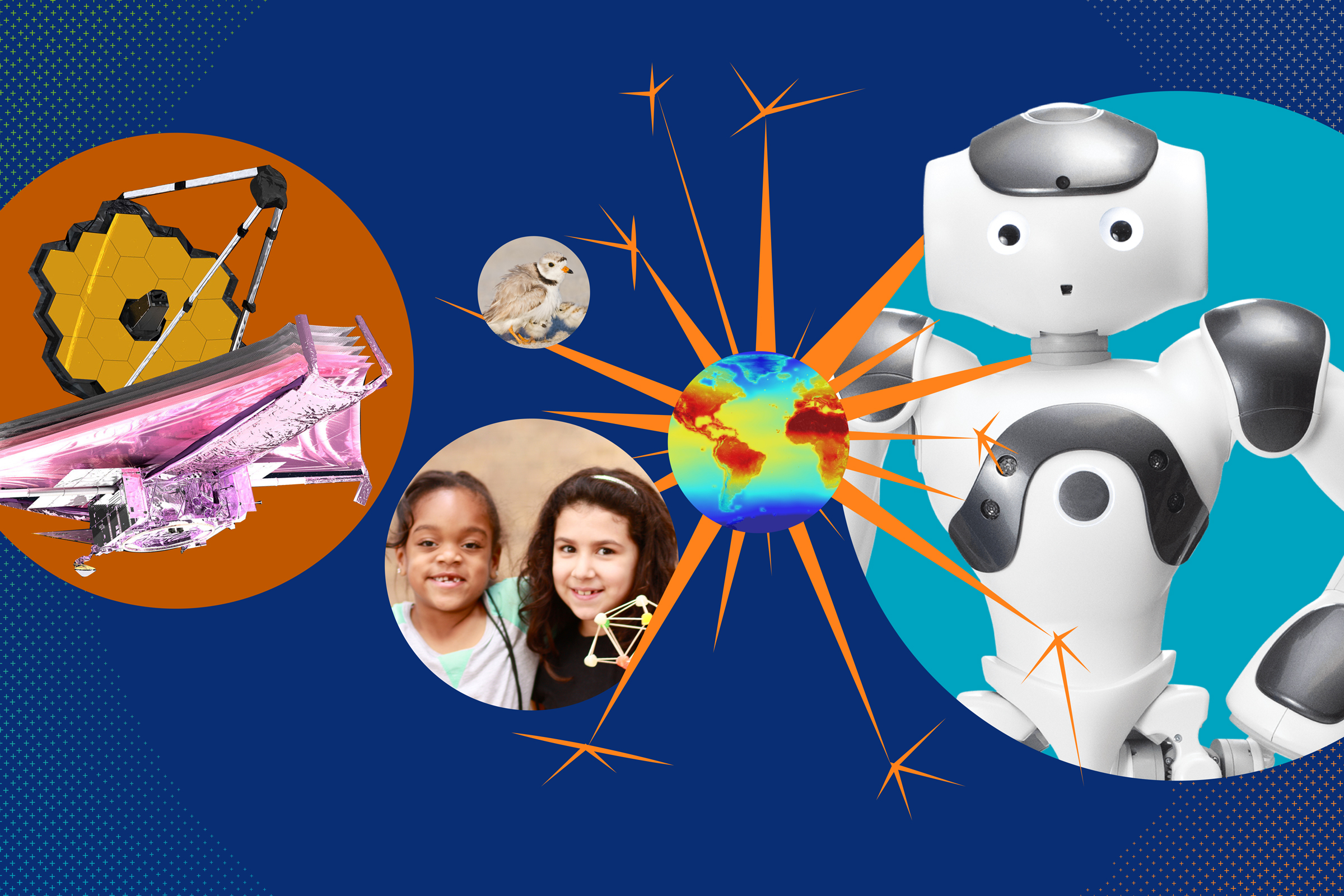 A space telescope, two girls, a planet, a bird and a robot represent science festival events