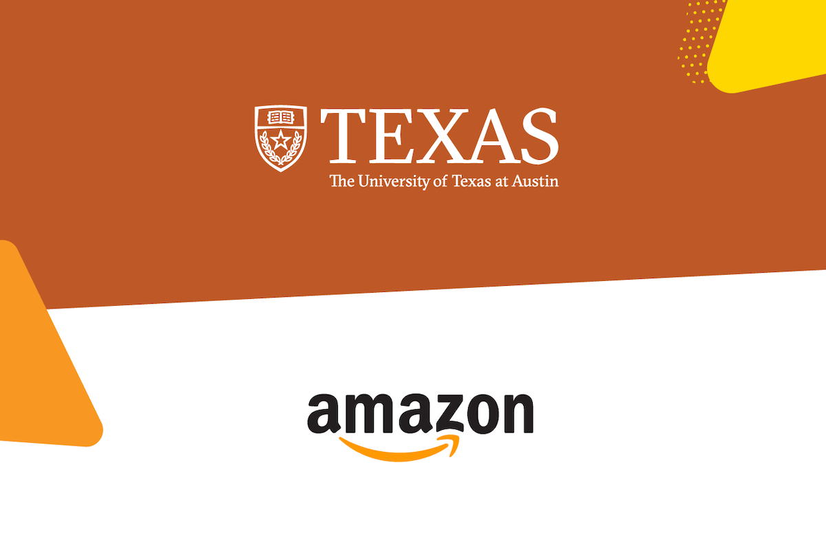 The University of Texas logo with the crest and Amazon logo with a smile appear next to geometric shapes 