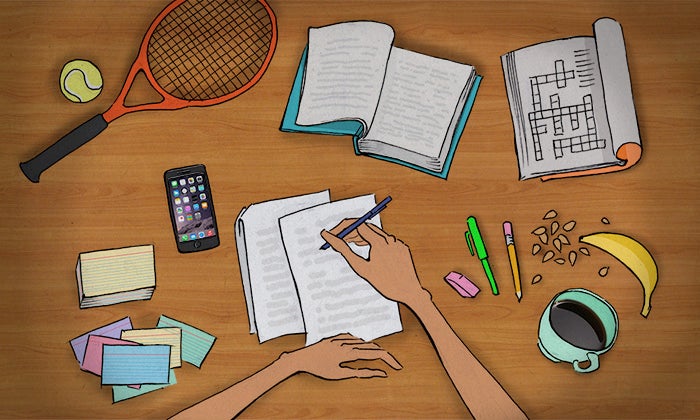 A drawing of a desk covered in papers and post-it notes, pends and coffee cups