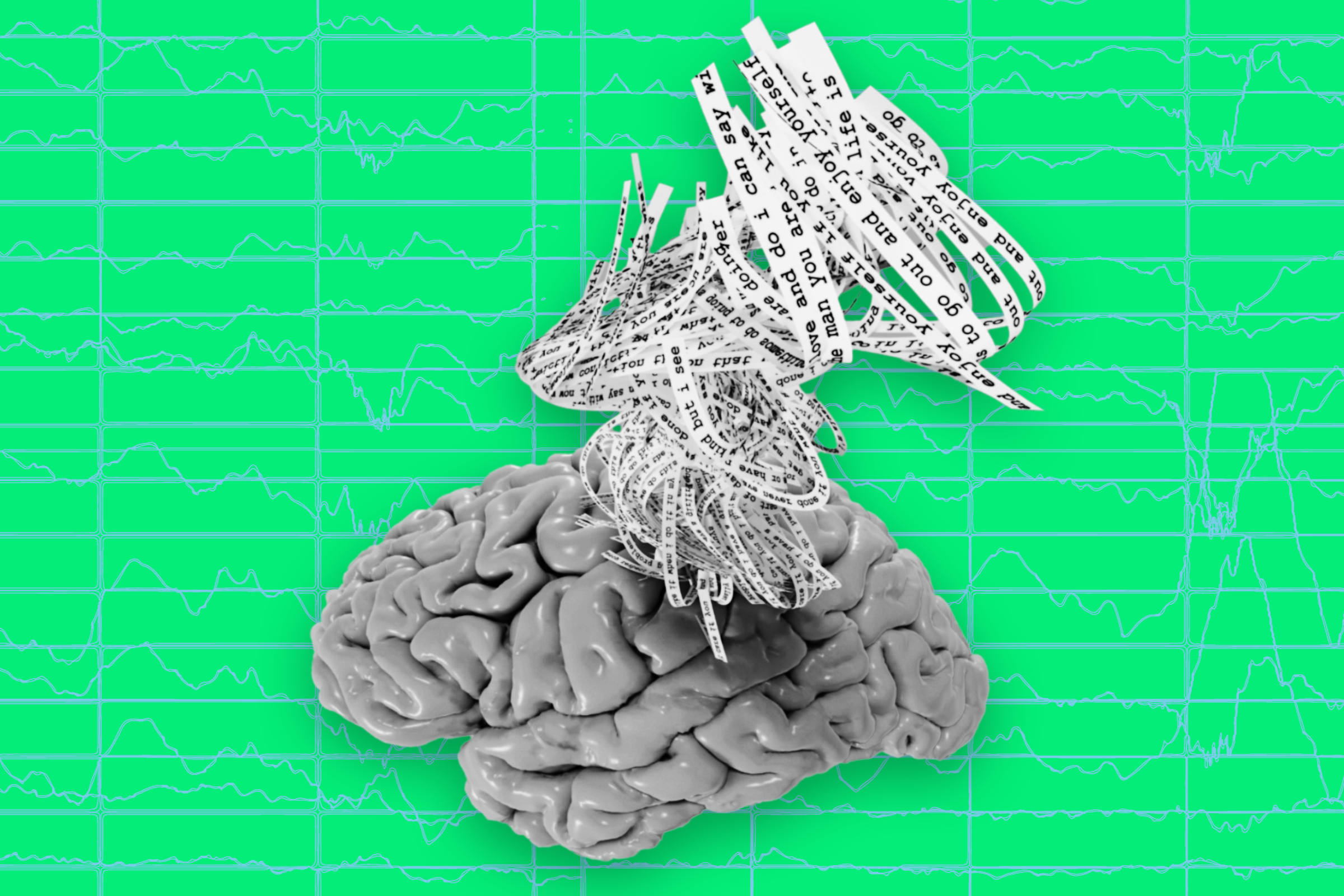 Strings of words spiral out from a brain
