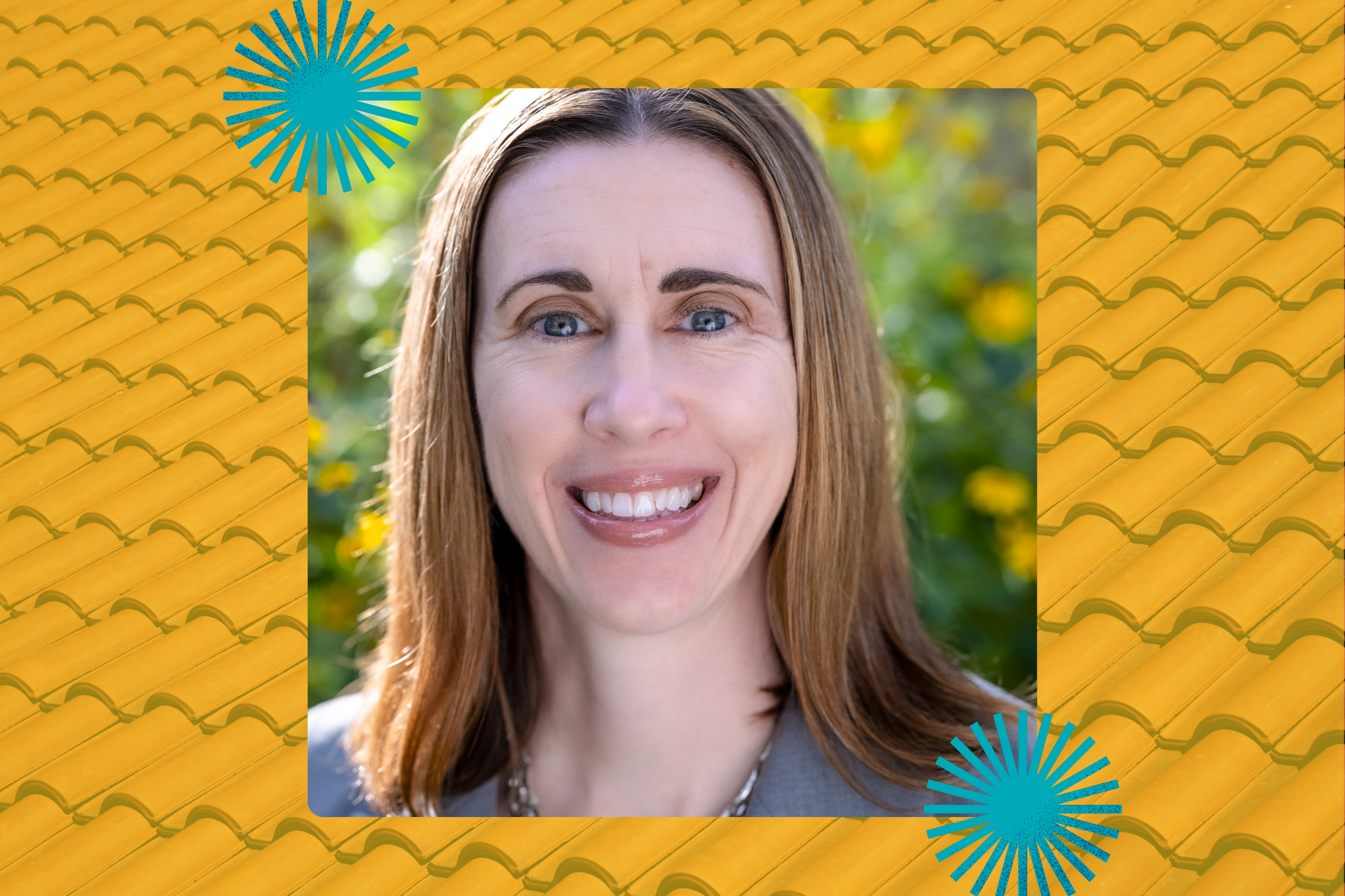 A woman with shoulder-length straight hair smiles in front of a verdent background, and a graphic frame features burst shapes and Spanish tiles.