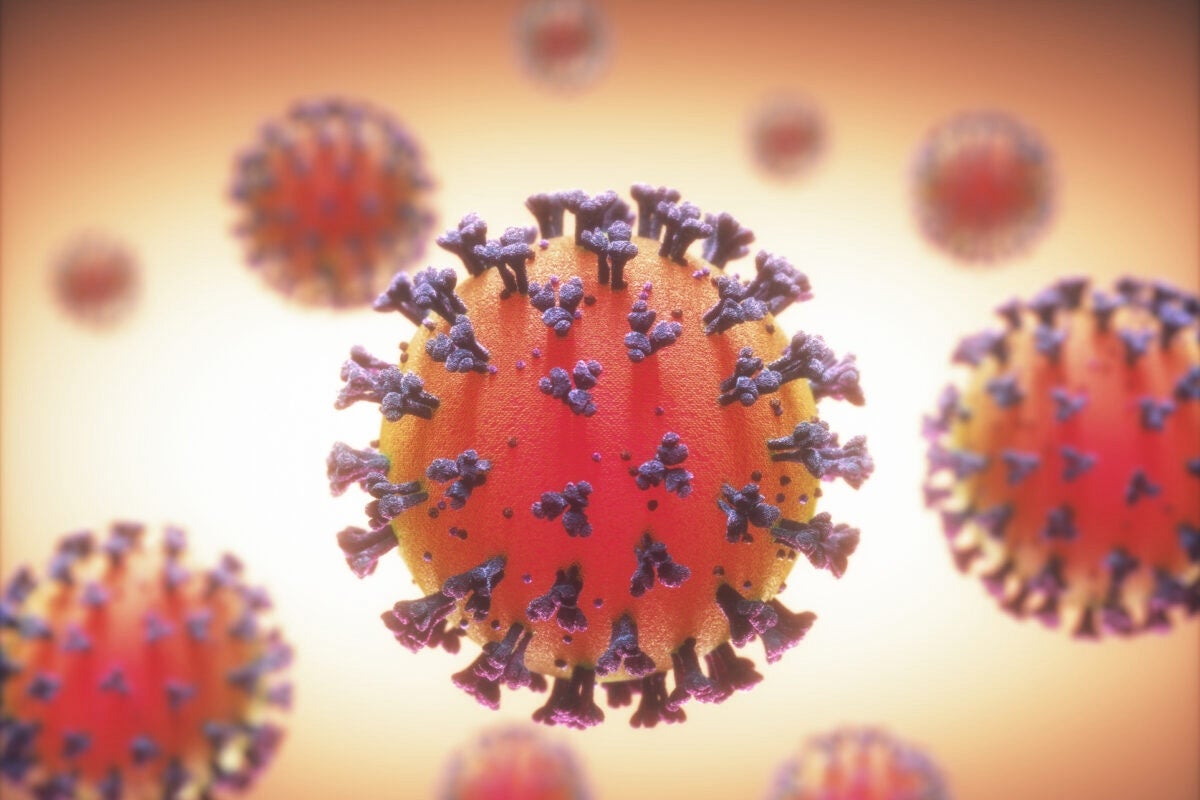 An artist's rendering of identical virus particles, spheres with protruding proteins, floating in a space.