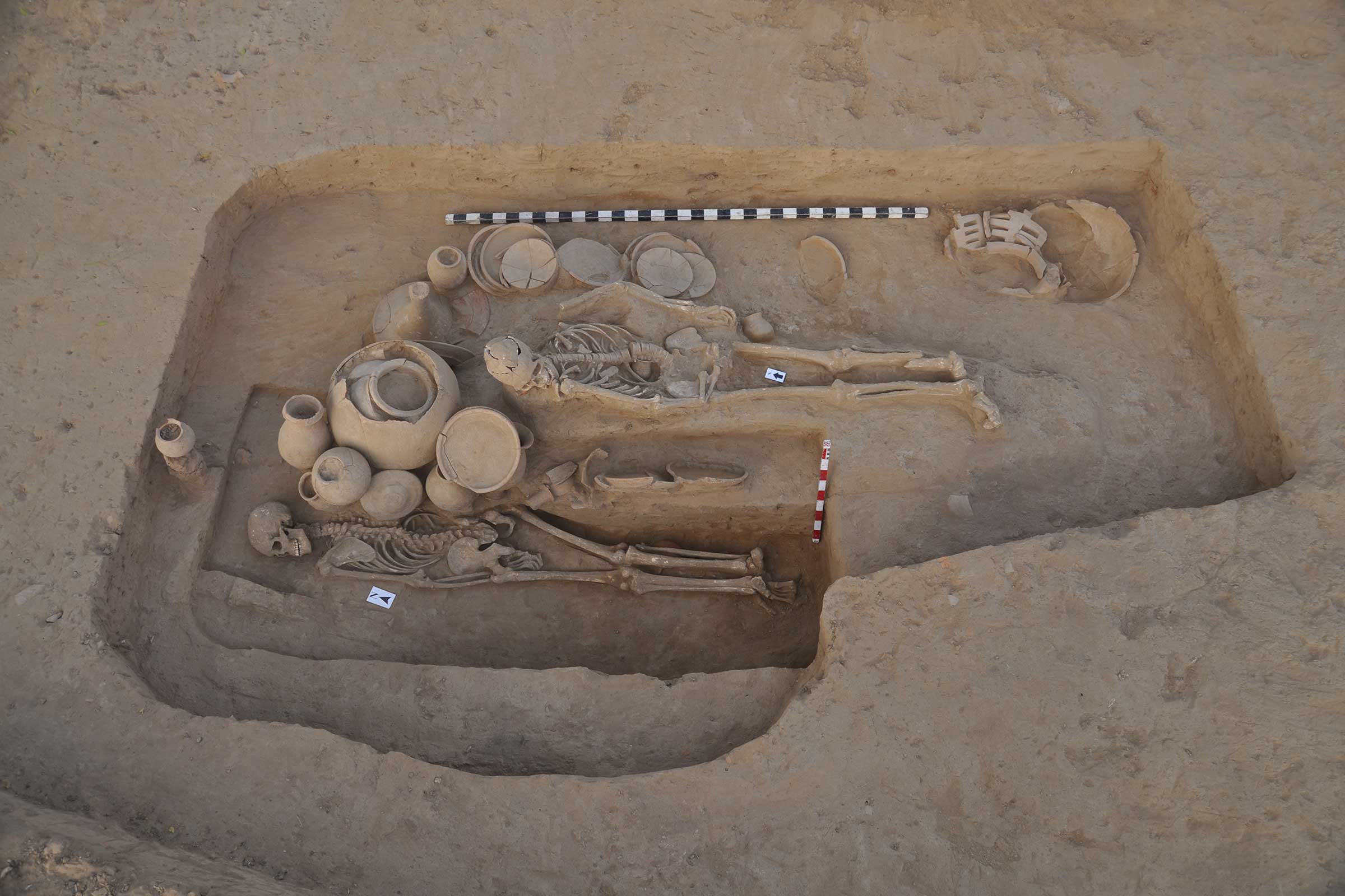 An excavation of a human burial site.