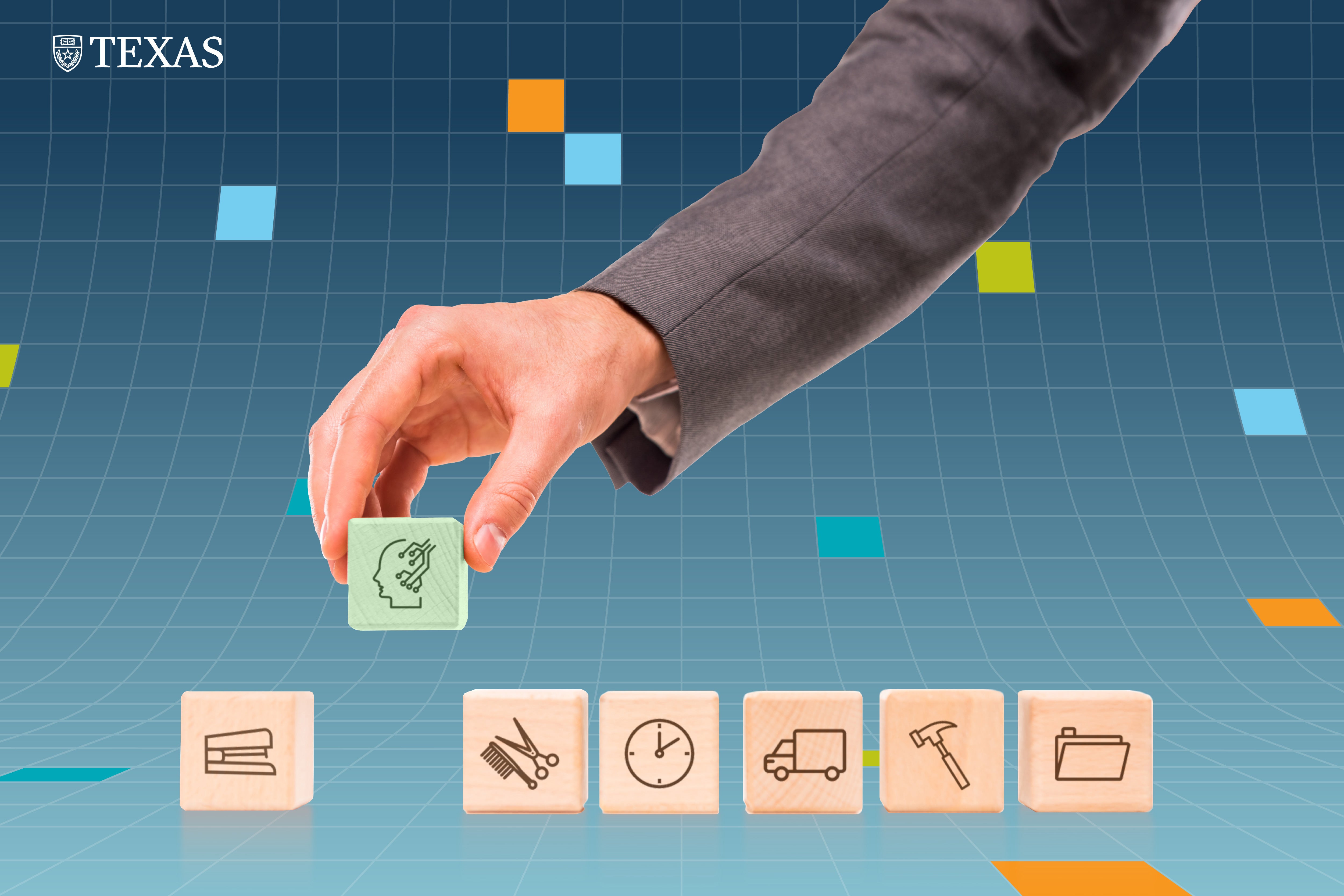 A row of wooden blocks with icons indicating various office tasks. Meanwhile, a hand reaches down to place a block with an icon representing artificial intelligence
