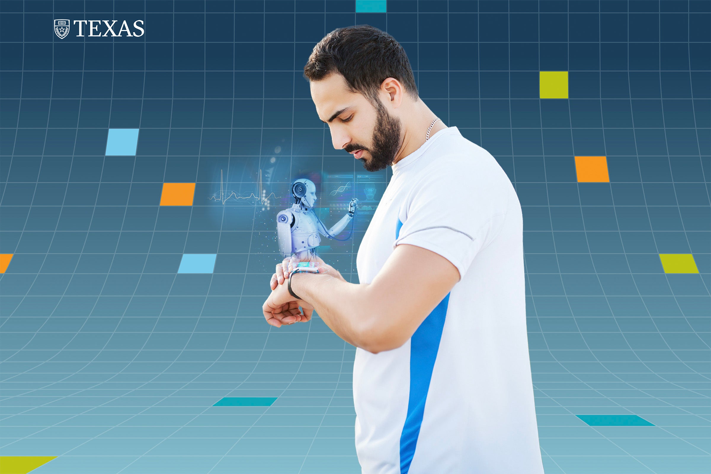 A man looks at his wristwatch and a ghostly hologram of a robot emerges, wearing a stethoscope