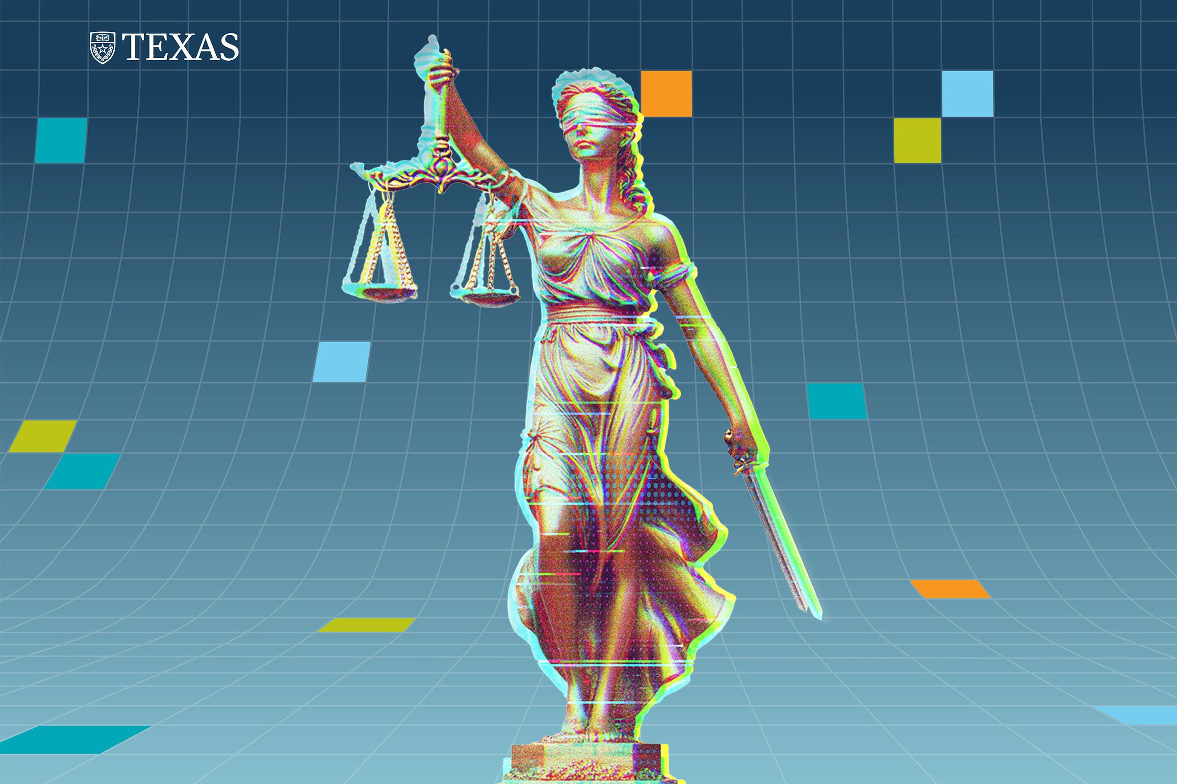 A statue of a blindfolded woman in a toga holding a scale in one hand and a sword in the other, representing the legal system