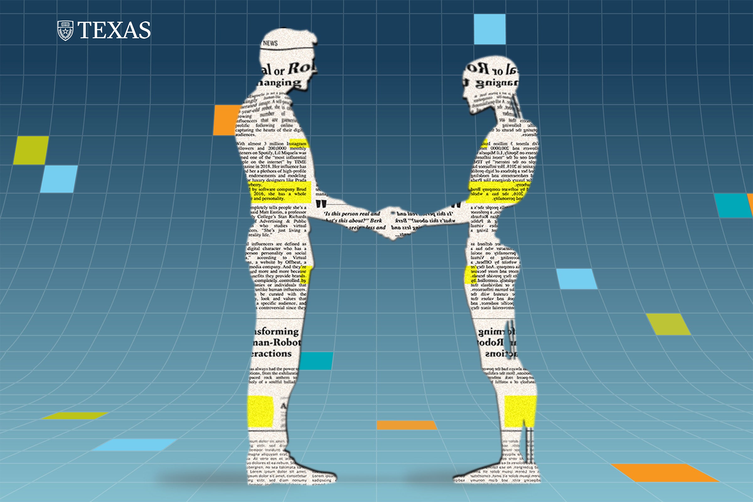 A human silhouette made up of the text in a newspaper article shakes hands with a robot silhouette also made up of newspaper text