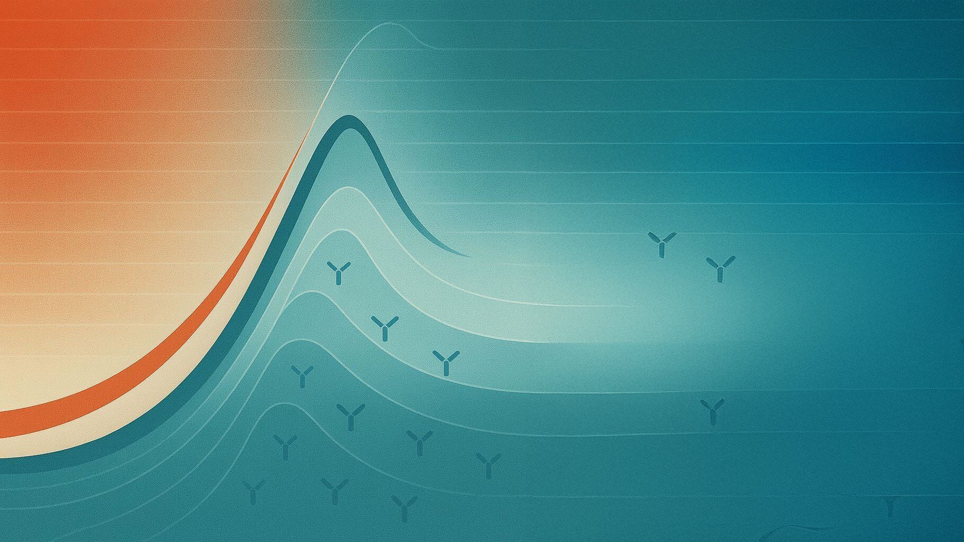 A graph shows a line curving up to a peak and then decaying away