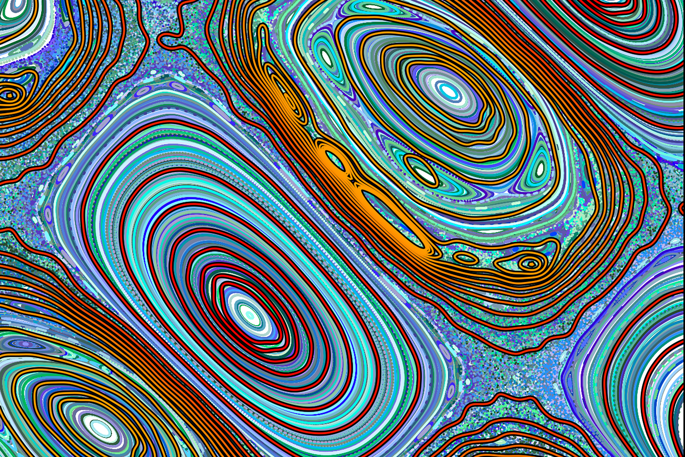 An abstract, colorful pattern resembling topographic maps. The design features concentric, oval-shaped rings in vibrant shades of blue, green, red and orange. The background is filled with intricate textures and speckles in lighter blue tones.