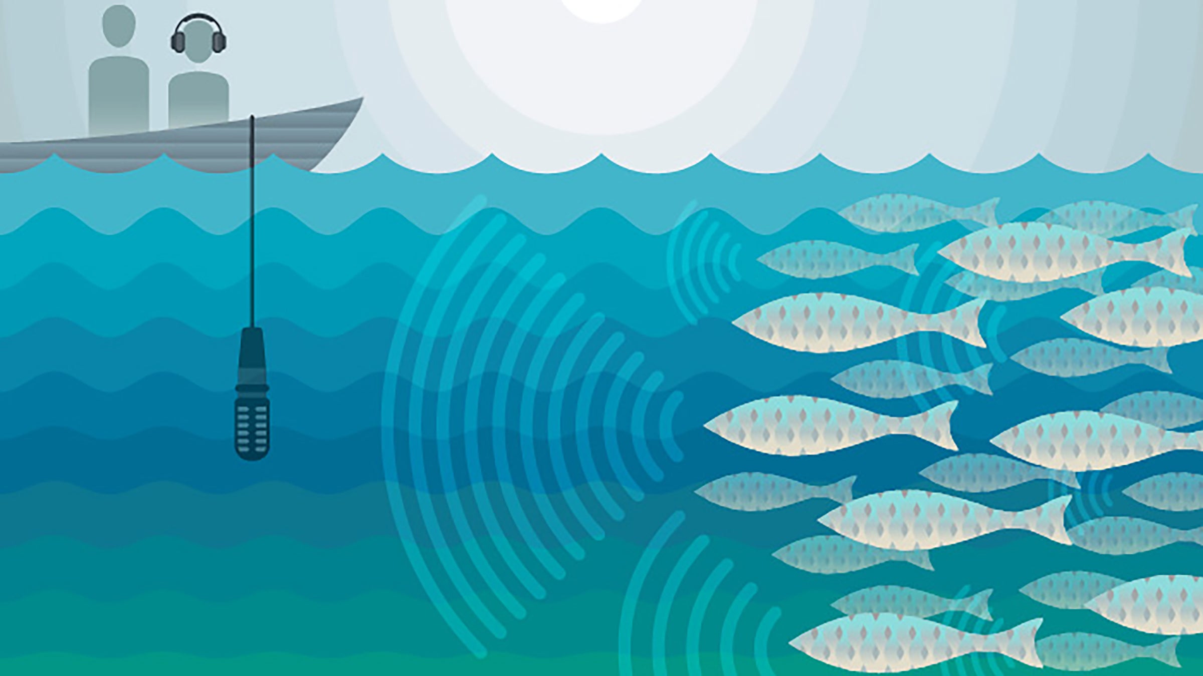 Illustration of people in a boat with a microphone dangling in the water and a group of fish emitting waves of sound