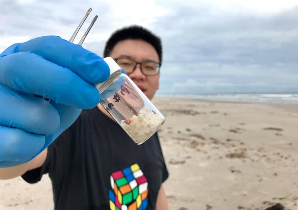 A man on a sandy beach wearing glasses holds a sampling bottle and tweezers in a gloved hand, displaying a discovery of tiny pellets.