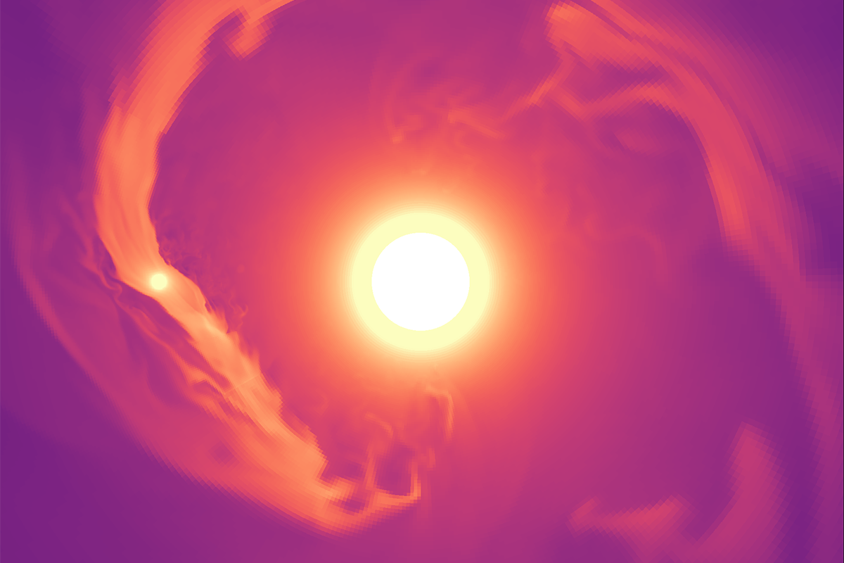 An orange swirl of light around a bright yellow star against a purple background