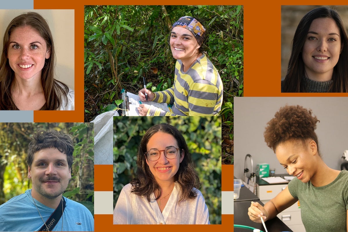 Six young scientists are shown in separate photos, and some are working in scientific spaces